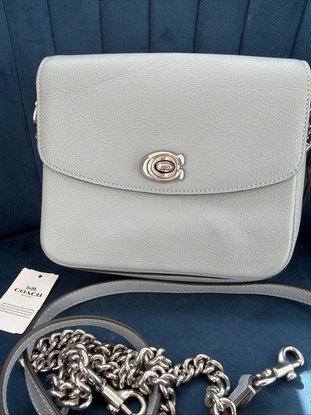 Coach Cassie 19 Pebbled Leather Shoulder Bag Grey Blue Silver 3 Straps BNWT