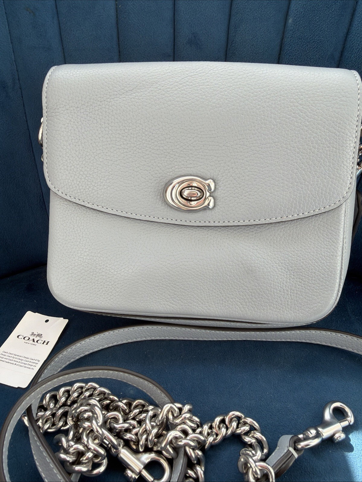 Coach Cassie 19 Pebbled Leather Shoulder Bag Grey Blue Silver 3 Straps BNWT