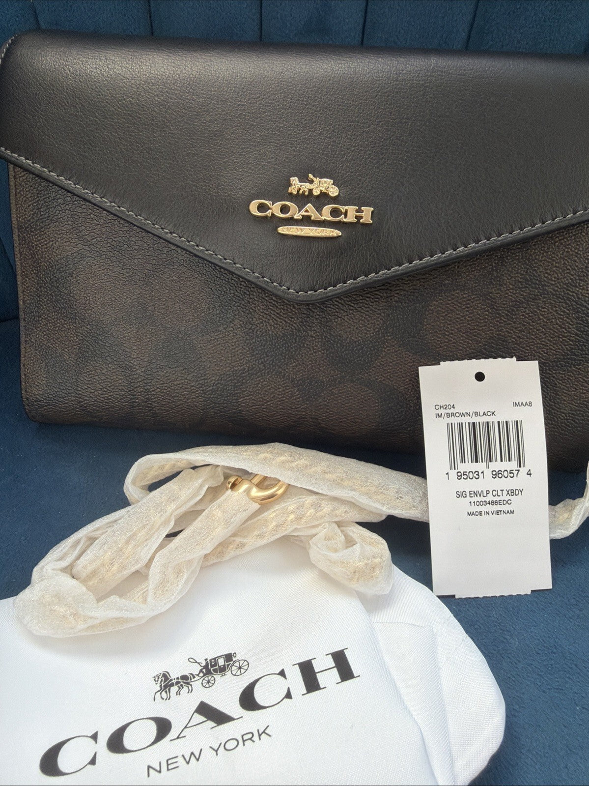 Coach Signature Envelope Clutch Crossbody Chain Strap Brown Black BNWT
