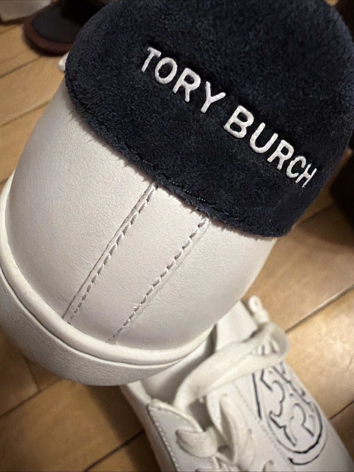 TORY BURCH Howell Court Sneakers White Leather Navy Suede / Logo Size UK 8.5 BN