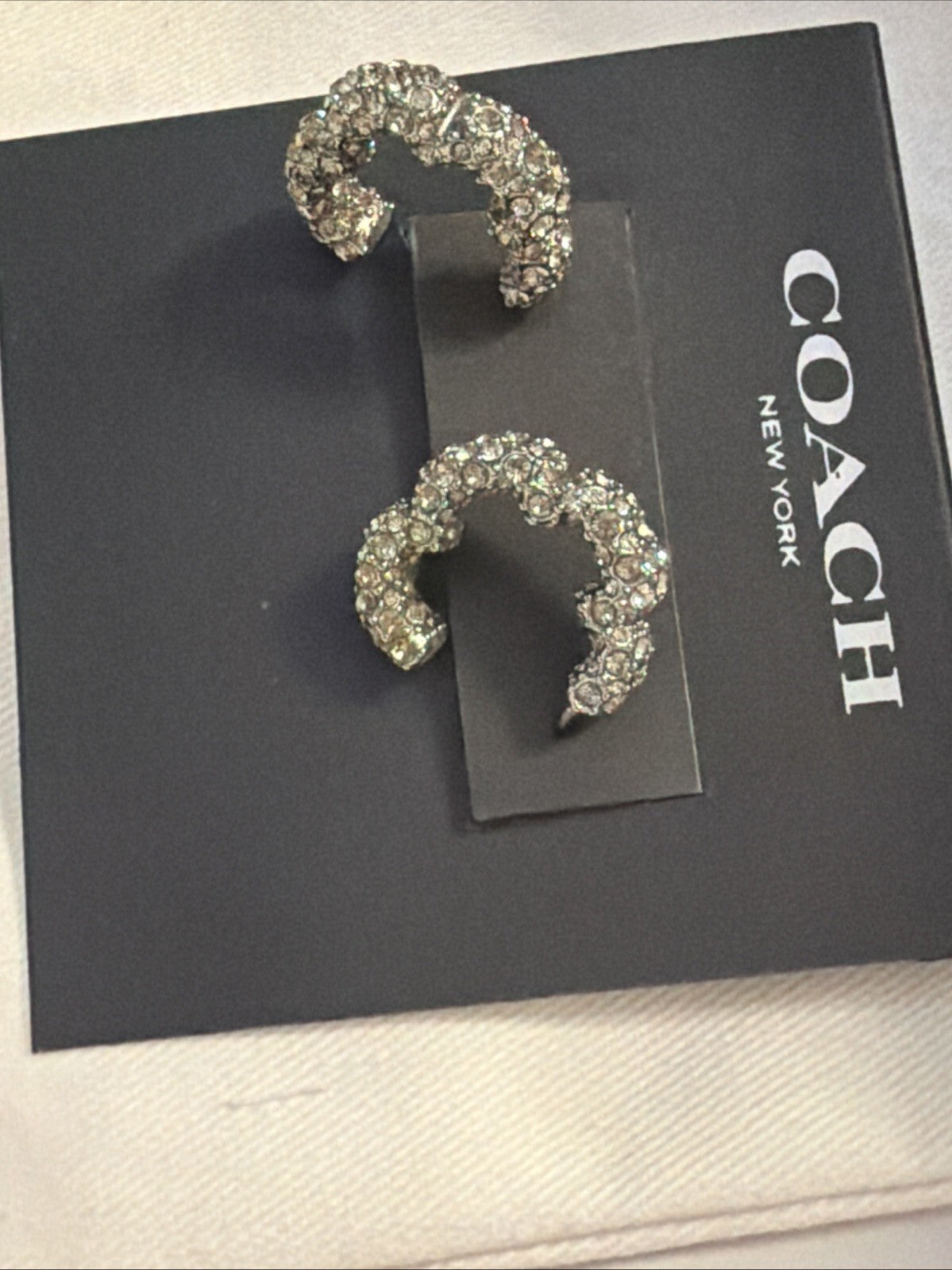 COACH Pave Tea Rose Hoop Earrings In Silver Tone With  CZ Crystals £125 New