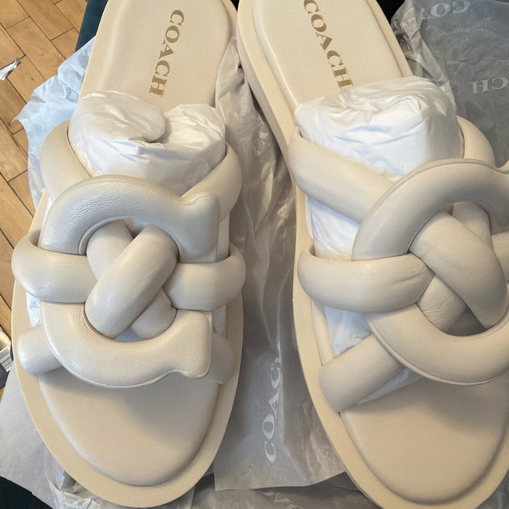 COACH Georgie Chalk Leather Plush Open Toe Sandals Slides Mules UK 7.5 RRP £175
