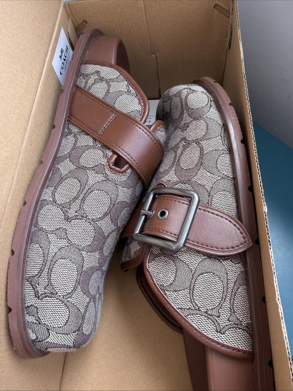 COACH Mens Archival Buckle Clog In Signature Jacquard Slides Oak Brown UK8.5 BN