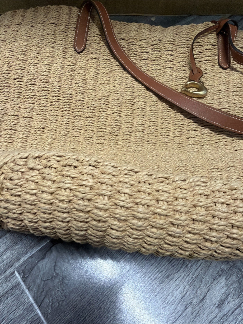 Coach Natural Straw Large Tote Tan Leather New