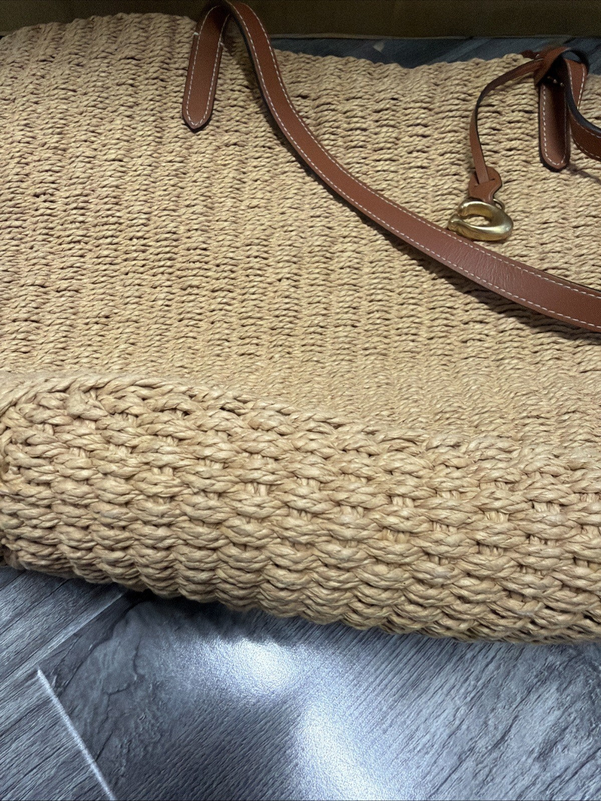 Coach Natural Straw Large Tote Tan Leather New