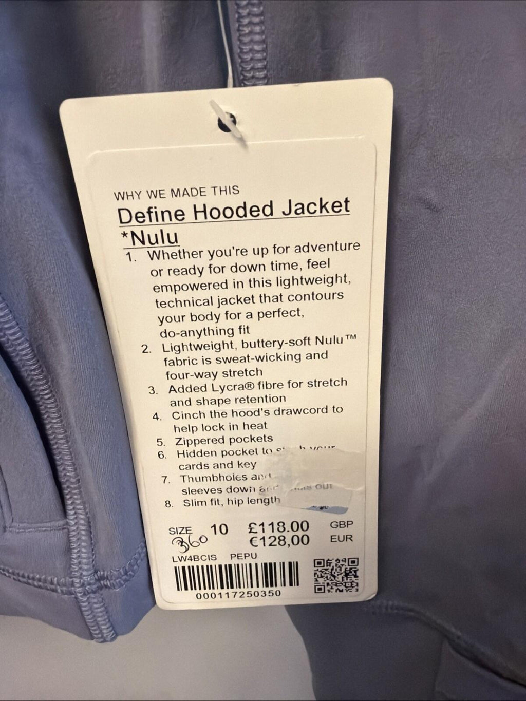 Lululemon Hooded Define Jacket Nulu Peri Purple US 10 Uk 14 BNWT £118 Slim Fit