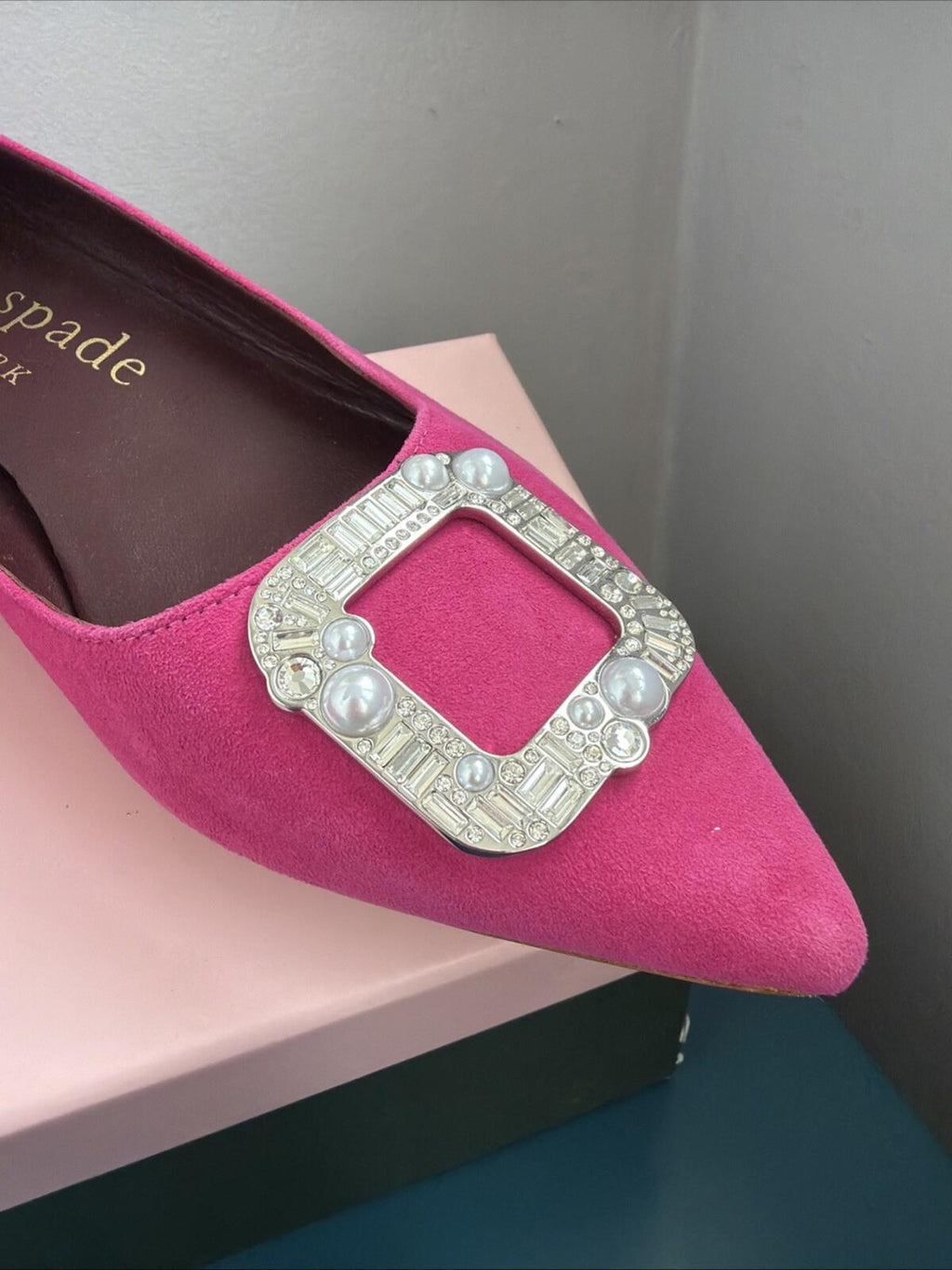 Kate Spade Buckle Up Festive Pink Suede Pointed Toe Flats UK 5 New US 7.5 BNIB
