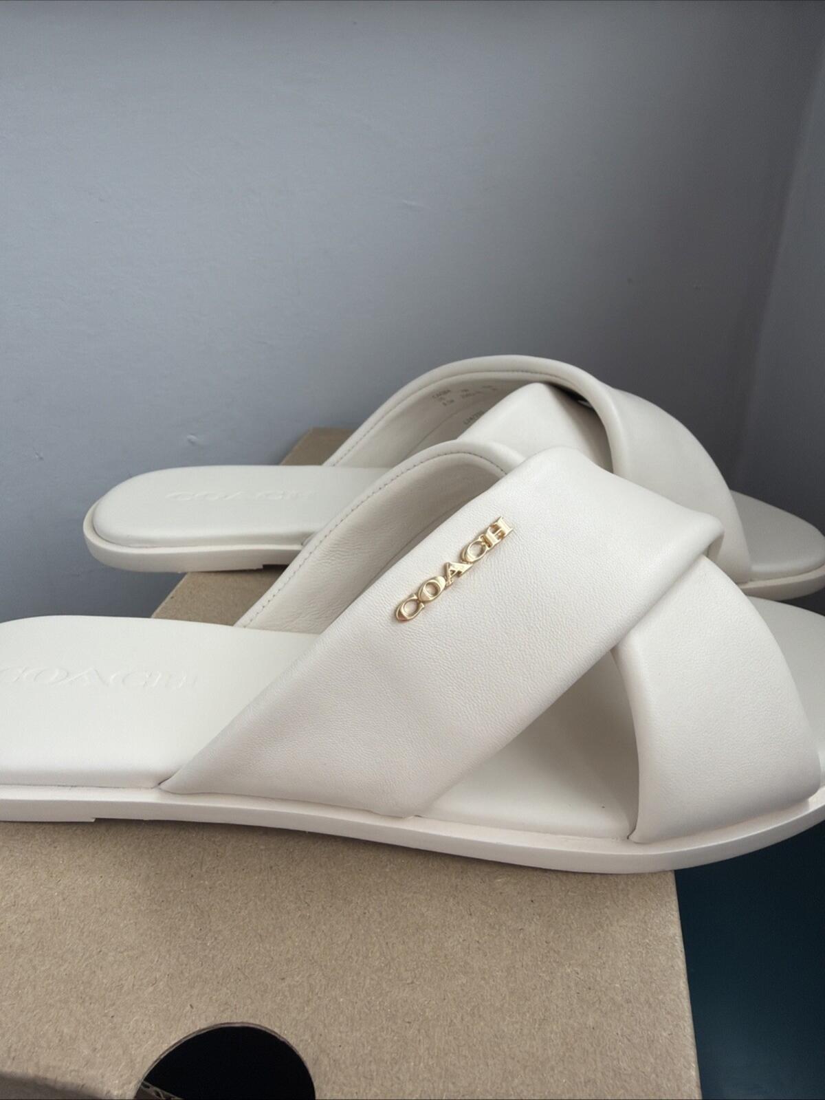 Coach Link Criss Cross Slides Flats Sliders Chalk Leather Uk 6.5 BNIB £225