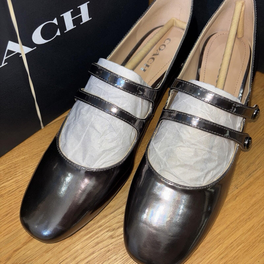 Coach Angelina Patent Leather Mary Jane Shoes UK 8 Anthracite Metallic BNIB