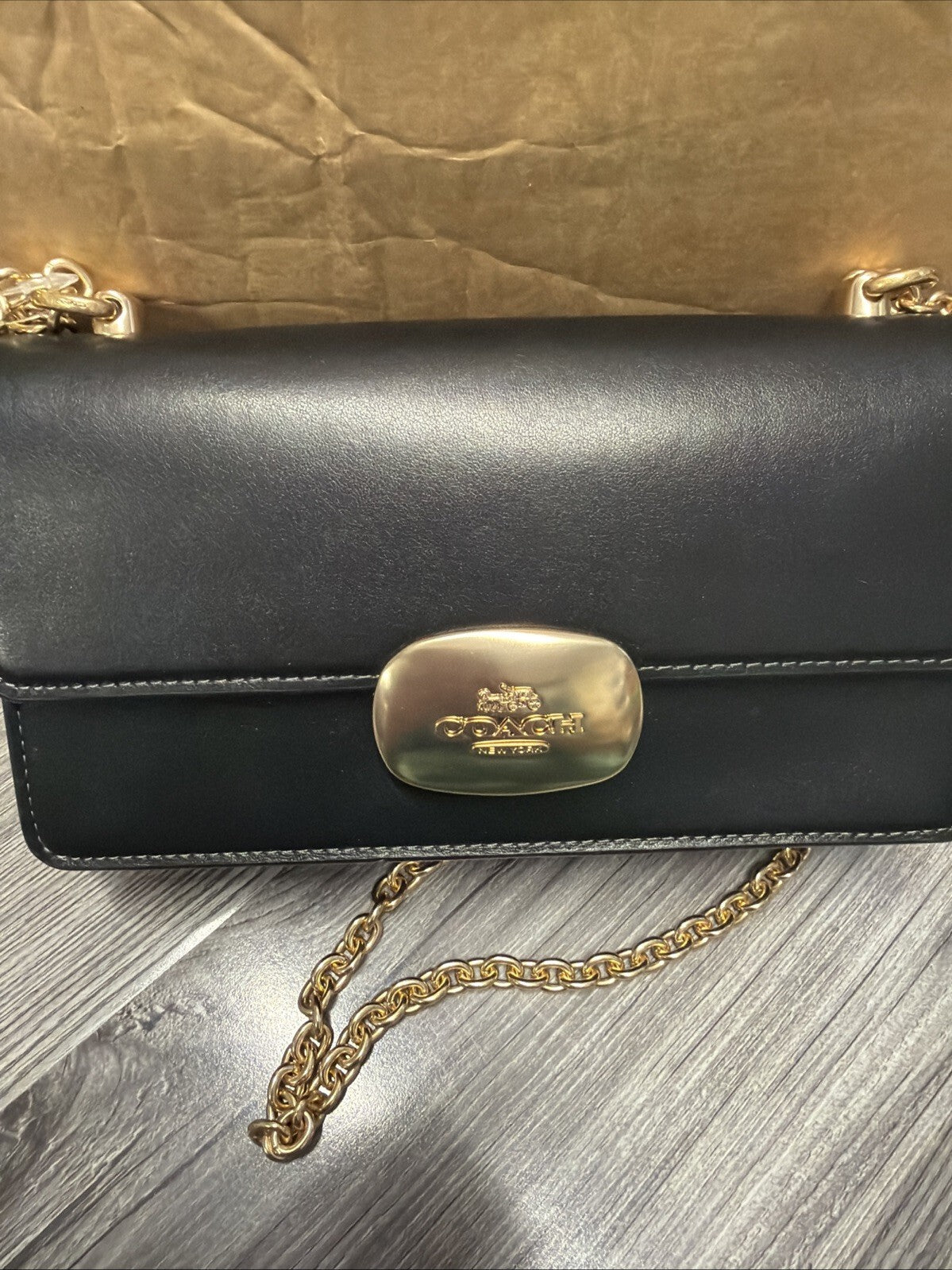 Coach Eliza Flap Crossbody Bag Black Gold New