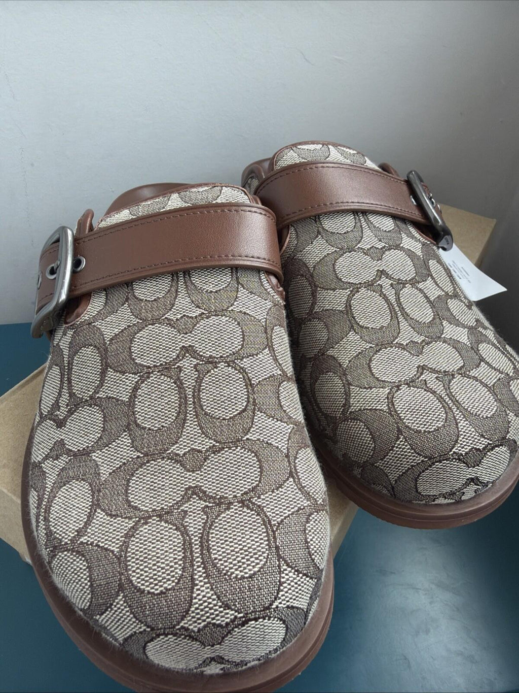 COACH Mens Archival Buckle Clog In Signature Jacquard Slides Oak Brown UK8.5 BN