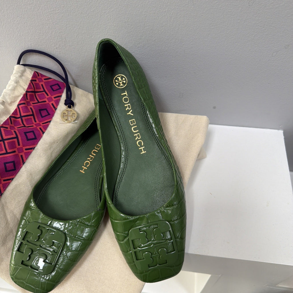 Tory Burch Georgia Ballet Flats Green Croc Embossed Leather Square Toe 4.5 New