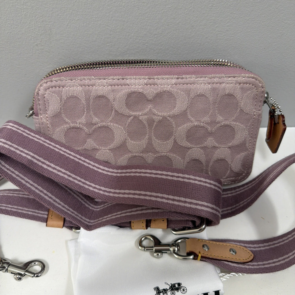 Coach Denim Kira Crossbody Bag Lavender Pink Signature C Wristlet BN