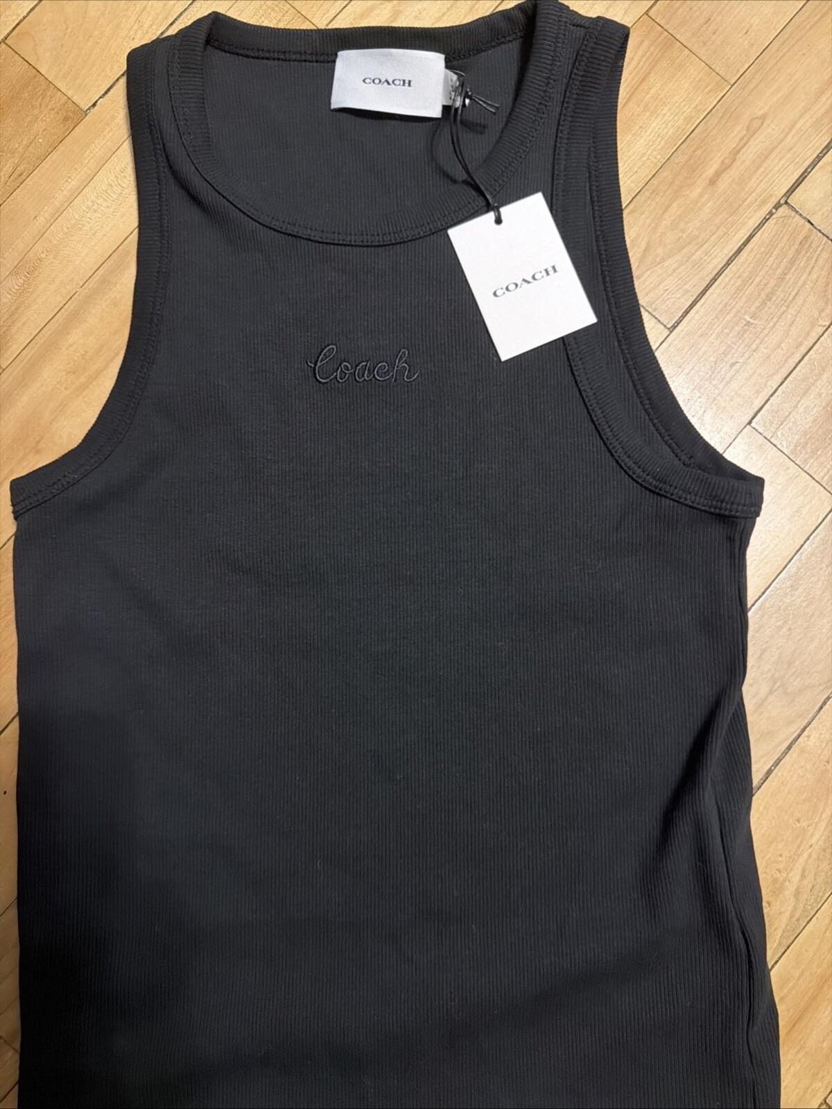 Coach Tank Top Black Ribbed Embroidered Script Logo Sleeveless Medium BNWT