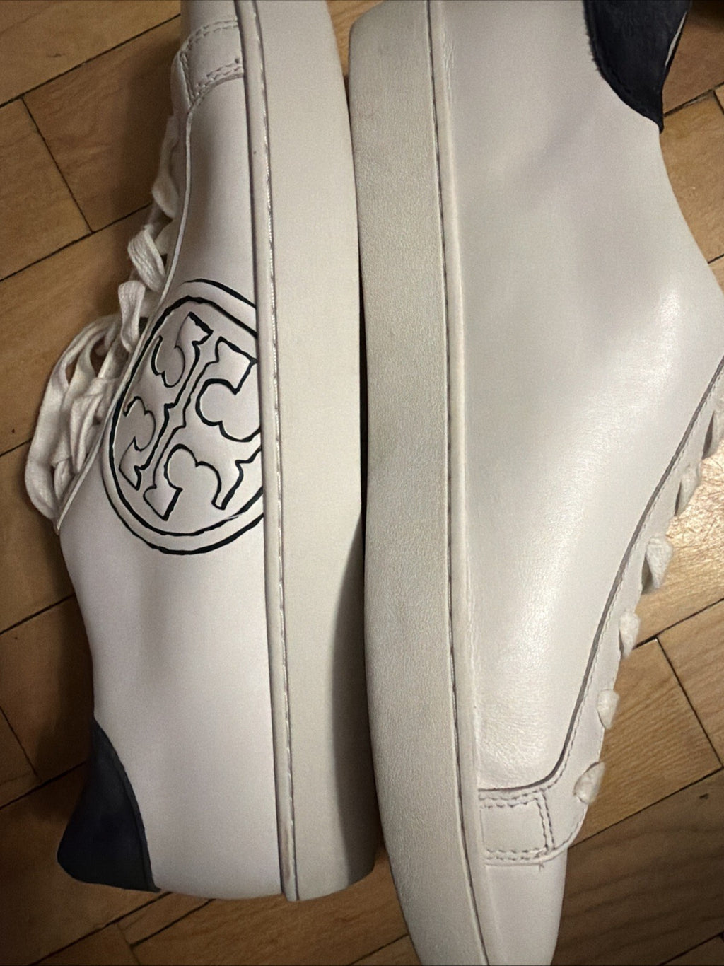TORY BURCH Howell Court Sneakers White Leather Navy Suede / Logo Size UK 8.5 BN