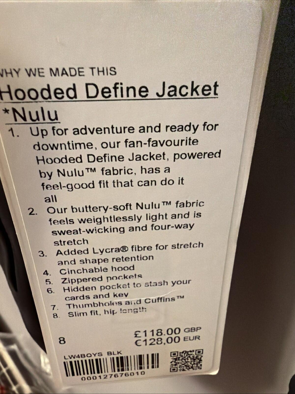 Lululemon Hooded Define Jacket Nulu Black Size US 8 Uk 12 BNWT £118 Slim Fit