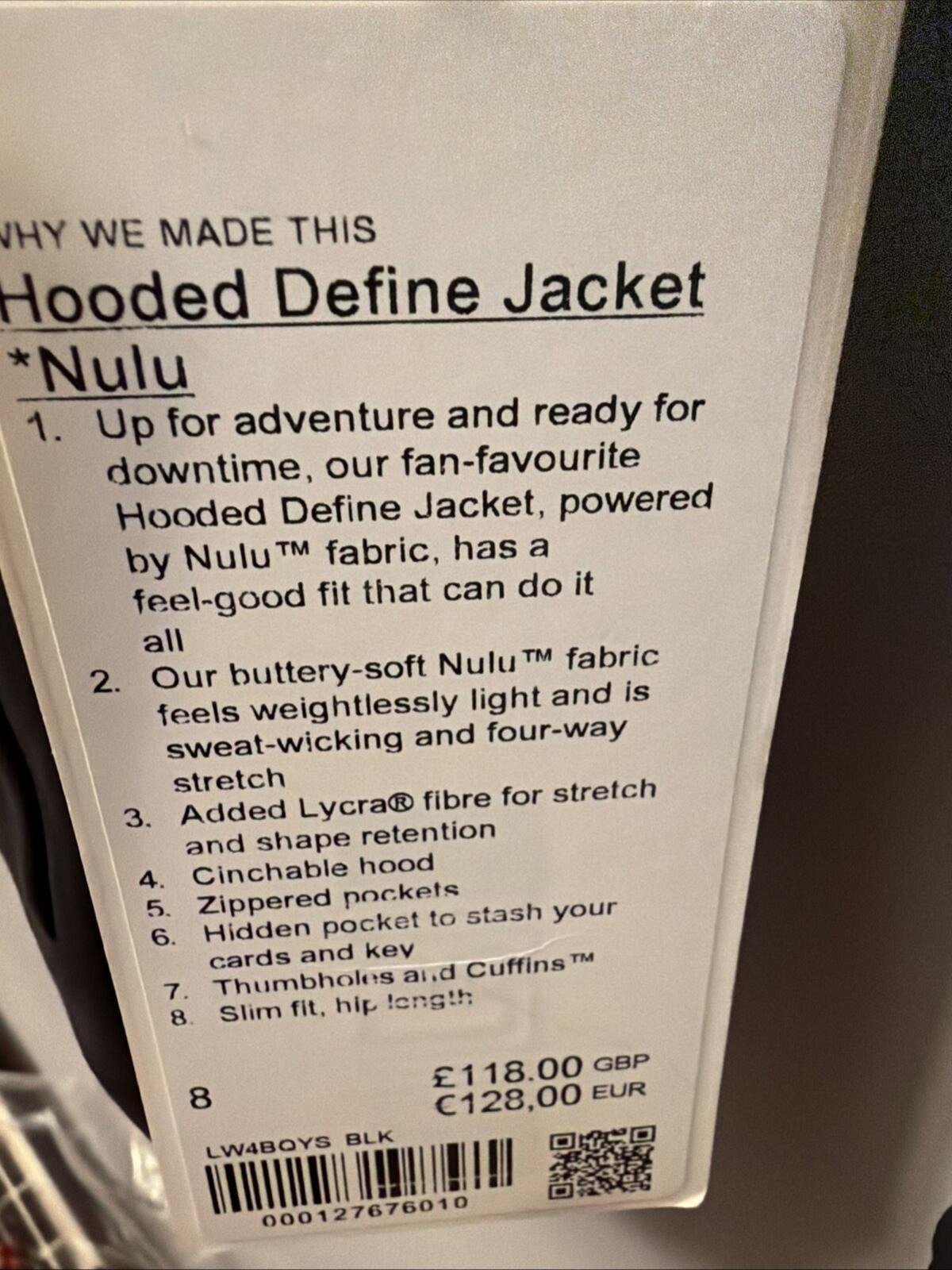 Lululemon Hooded Define Jacket Nulu Black Size US 8 Uk 12 BNWT £118 Slim Fit