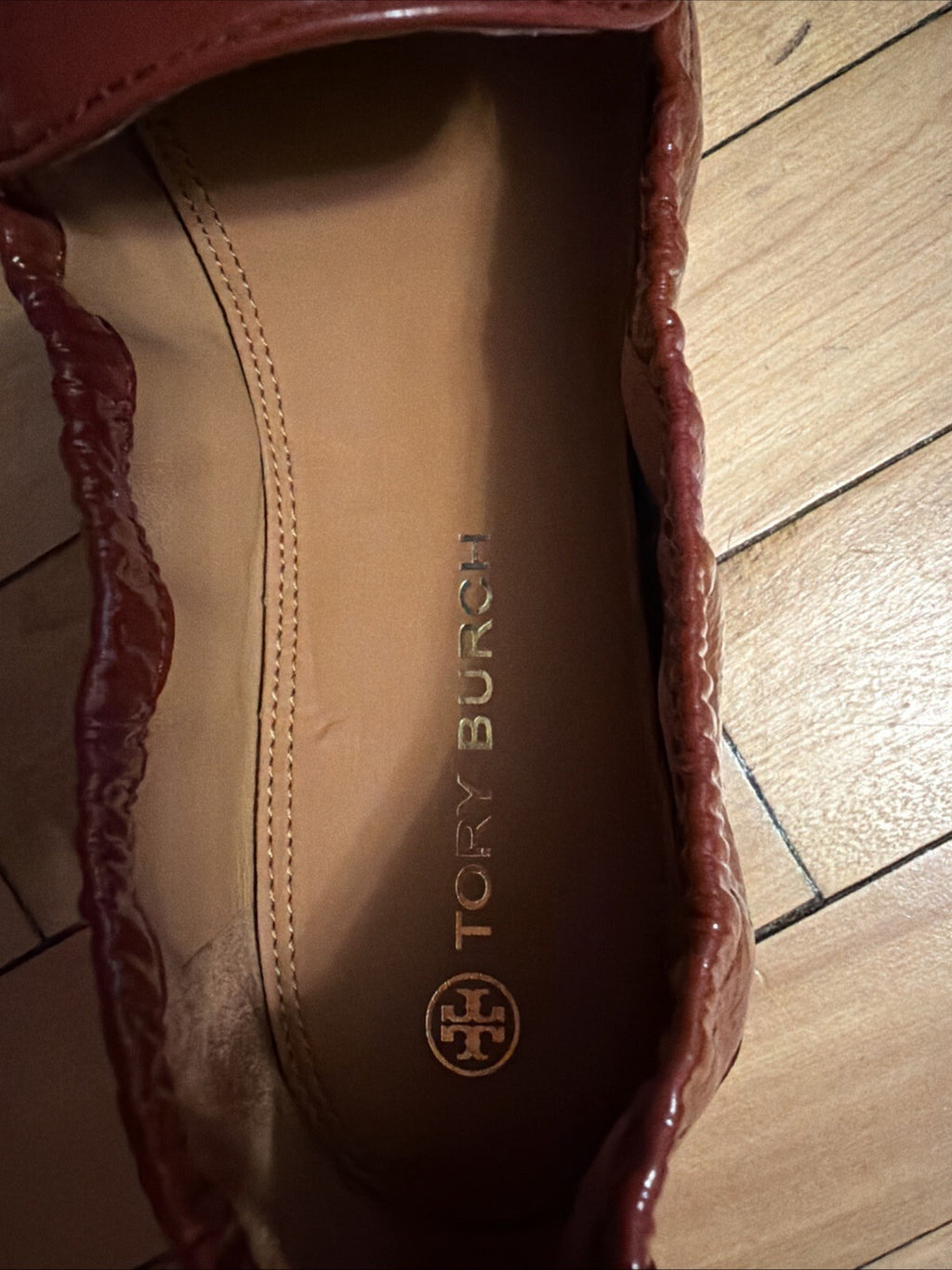 Tory Burch Ballet Loafer Flats Shoes Smoked Paprika Patent Leather Logo BN