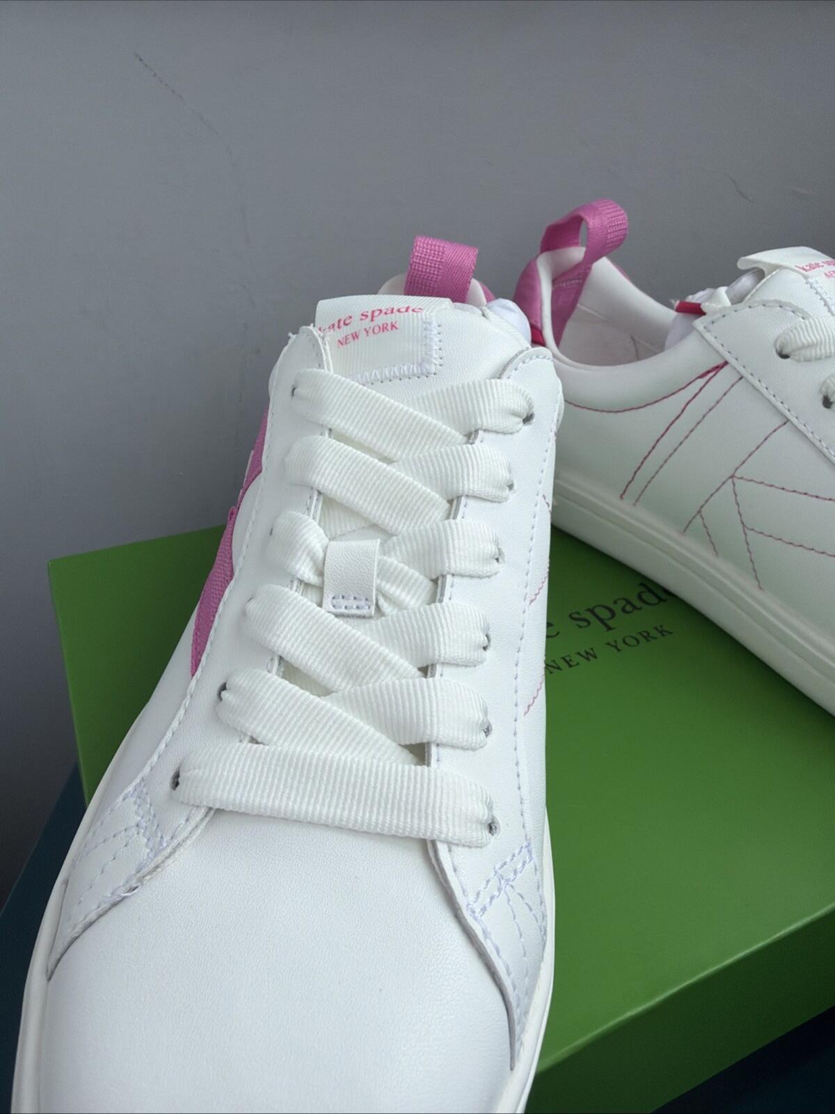 Kate Spade Signature Action Nappa Calf Leather White Pink Uk 6.5 Trainers BNIB