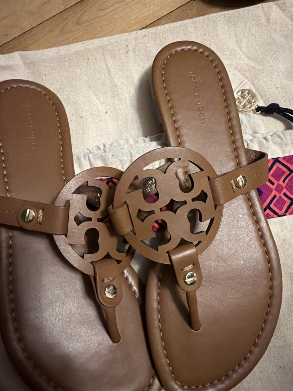 Tory Burch Miller Sandals Flip Flops Tan Leather Uk 5 USA 7.5 New With Dust Bag