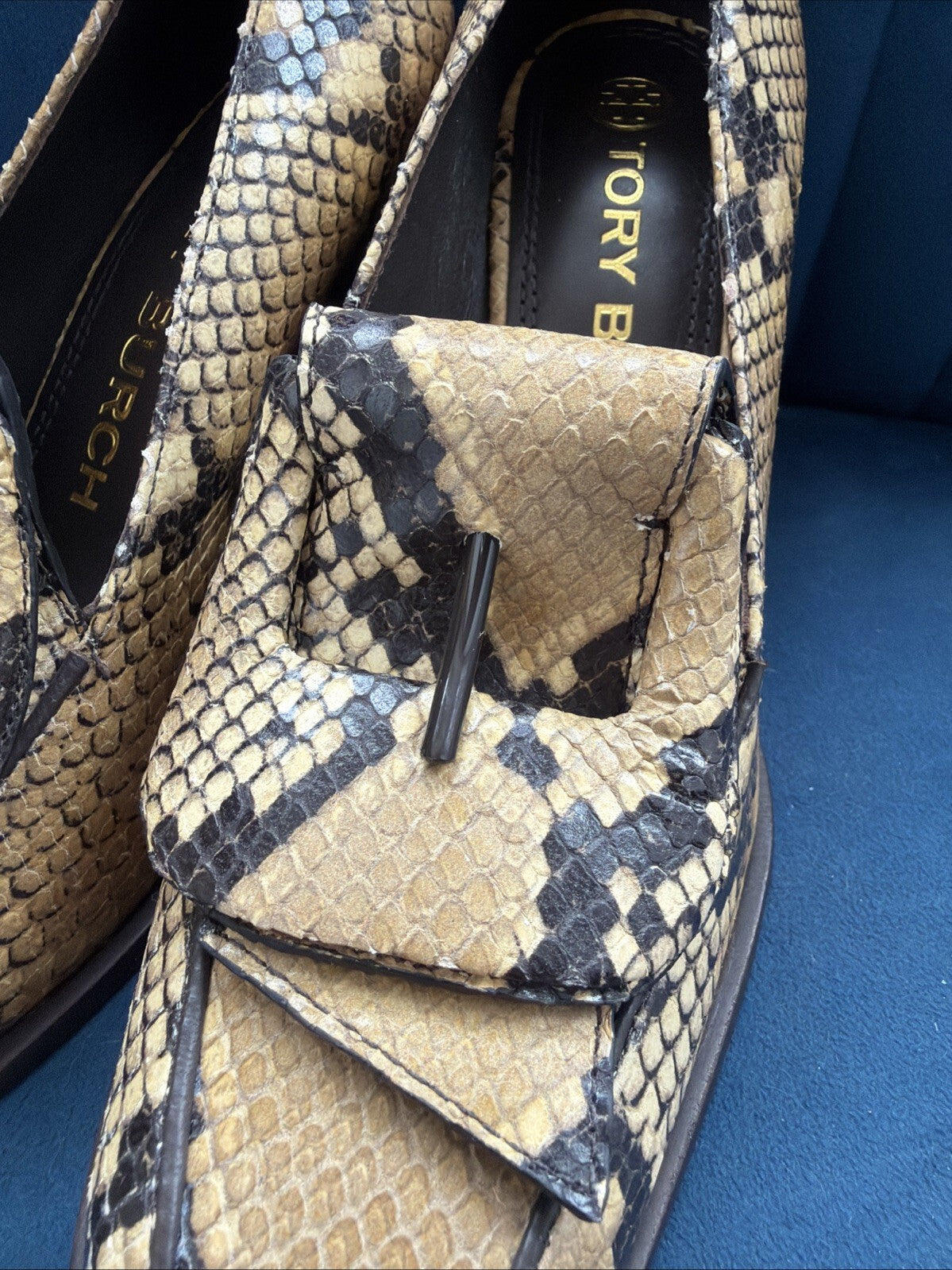 Tory Burch Buckle Heel Loafer In Stamped Snake Printed Leather Uk 3 BN