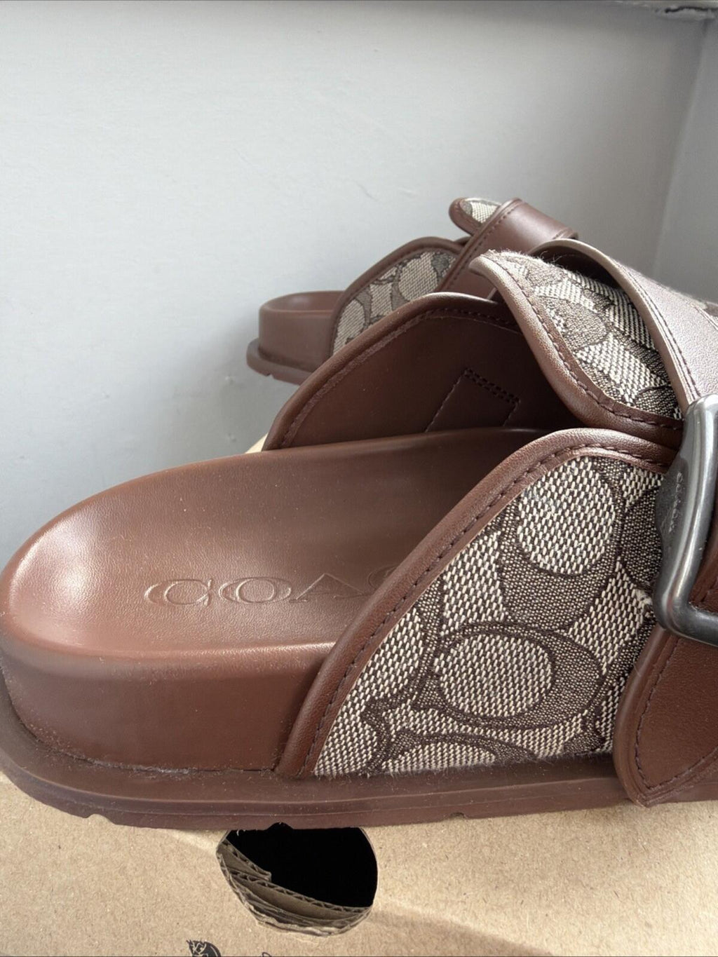 COACH Mens Archival Buckle Clog In Signature Jacquard Slides Oak Brown UK8.5 BN