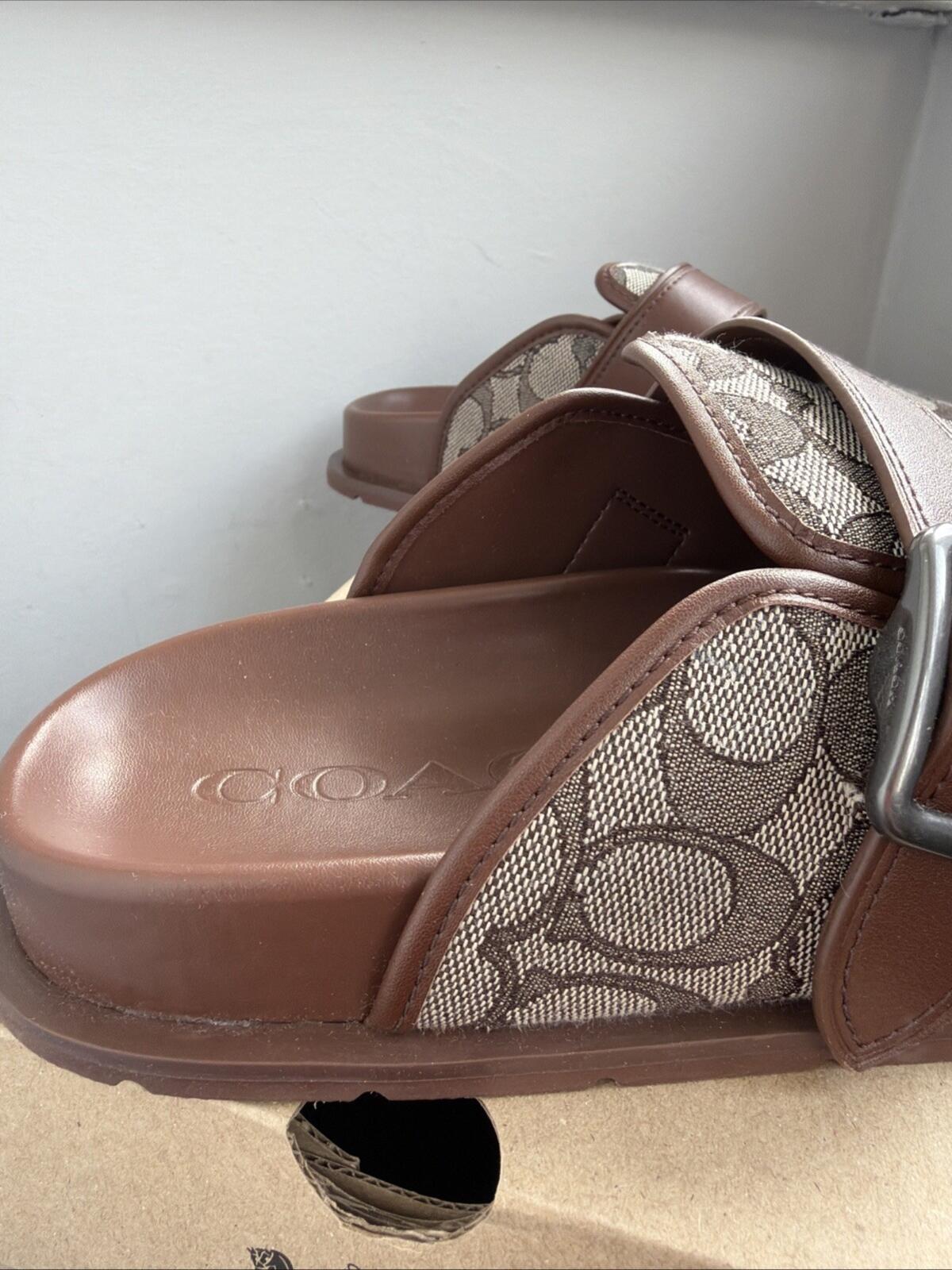 COACH Mens Archival Buckle Clog In Signature Jacquard Slides Oak Brown UK8.5 BN