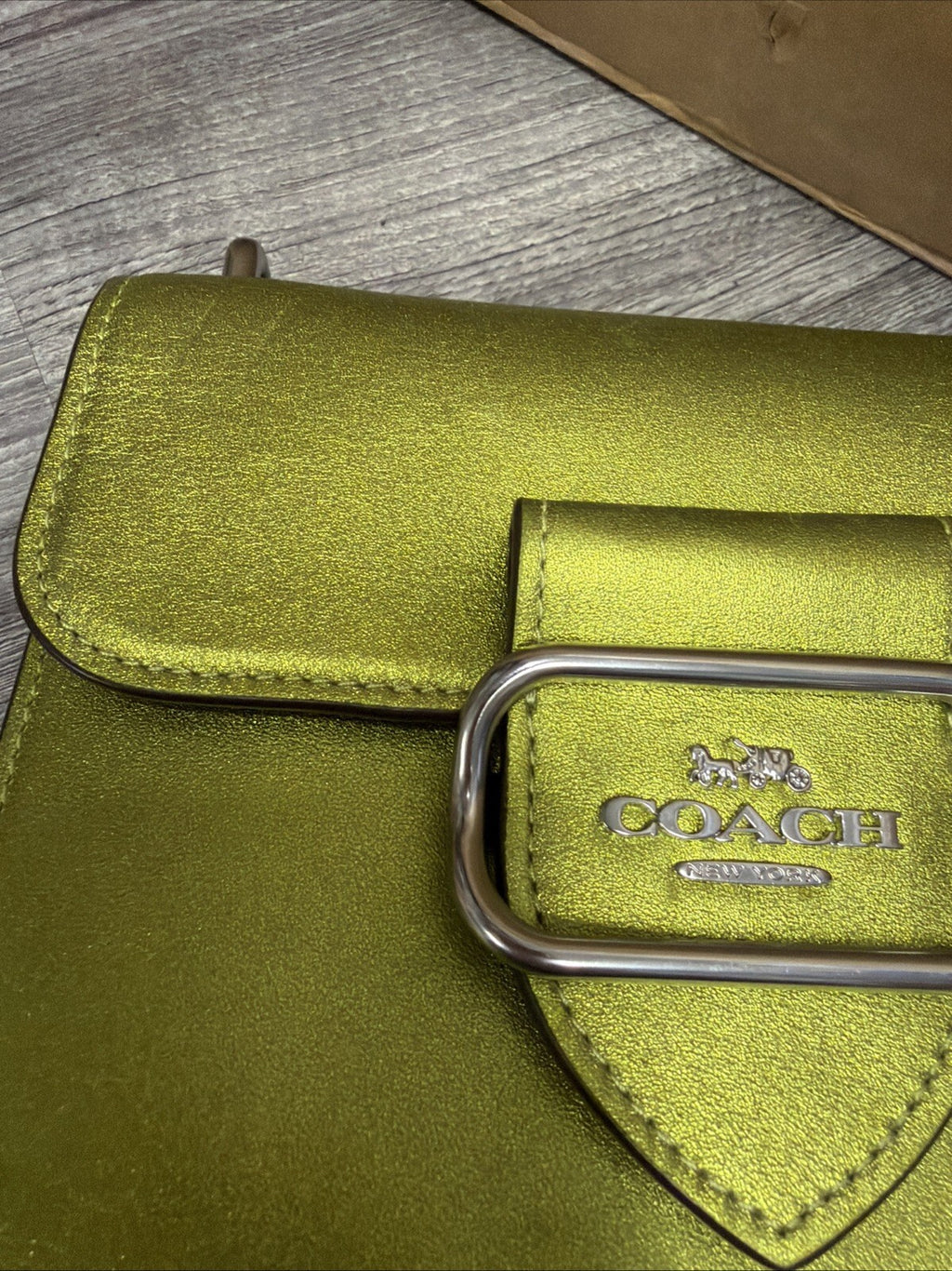 COACH Morgan Square  Cross Body Bag Metallic Citrine Green Leather BNWT Damage
