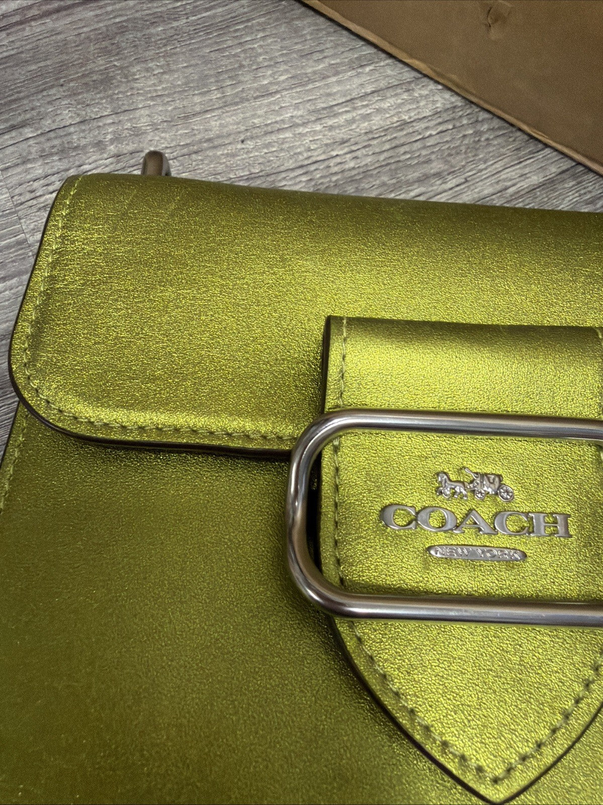 COACH Morgan Square  Cross Body Bag Metallic Citrine Green Leather BNWT Damage