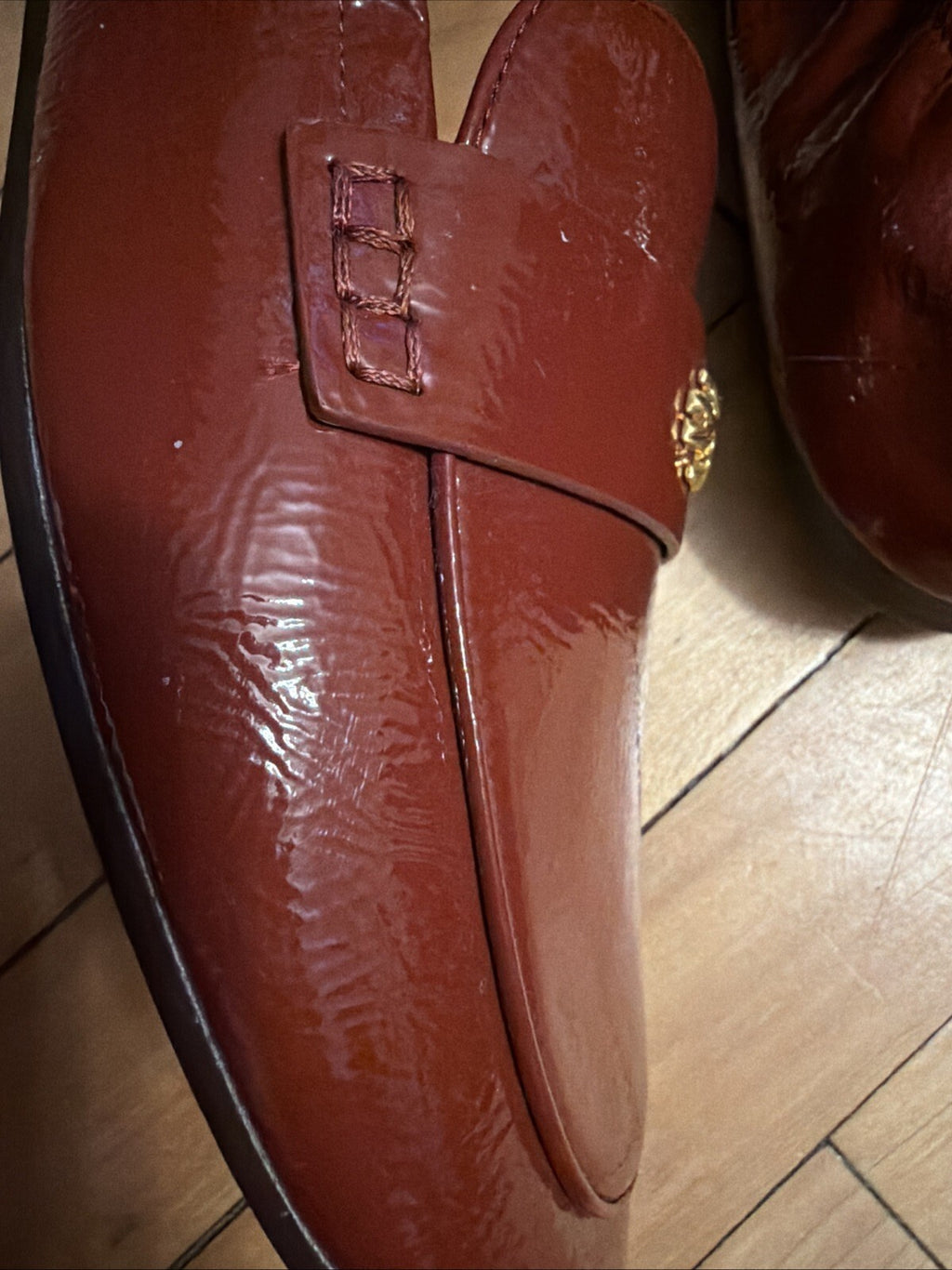 Tory Burch Ballet Loafer Flats Shoes Smoked Paprika Patent Leather Logo BN