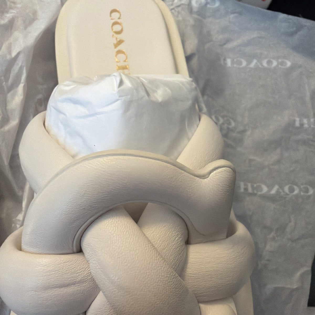 COACH Georgie Chalk Leather Plush Open Toe Sandals Slides Mules UK 7.5 RRP £175