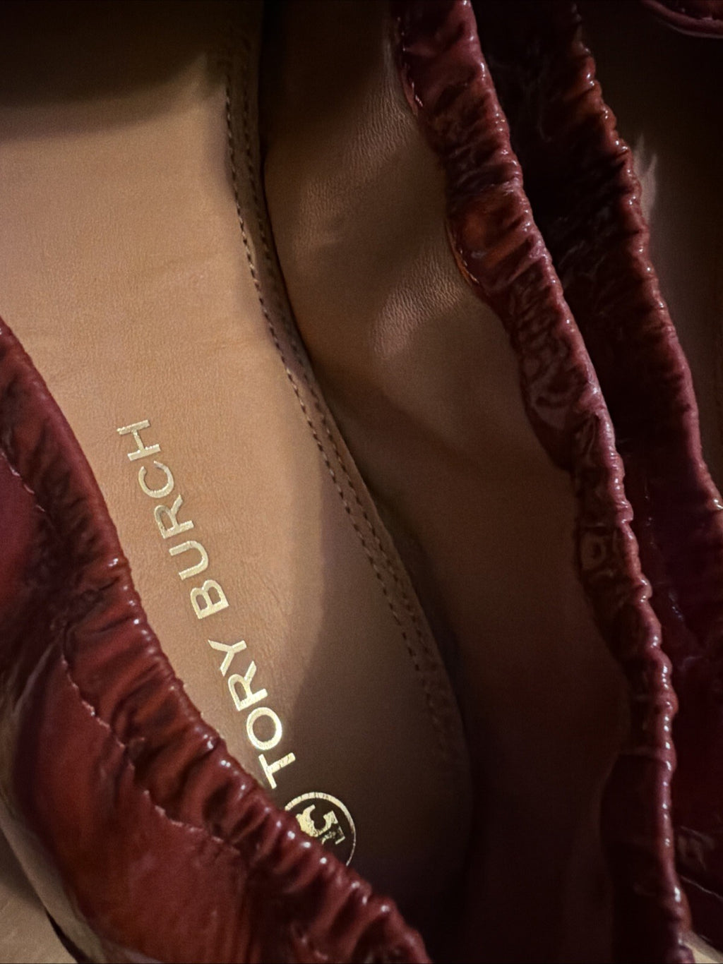 Tory Burch Ballet Loafer Flats Shoes Smoked Paprika Patent Leather Logo BN