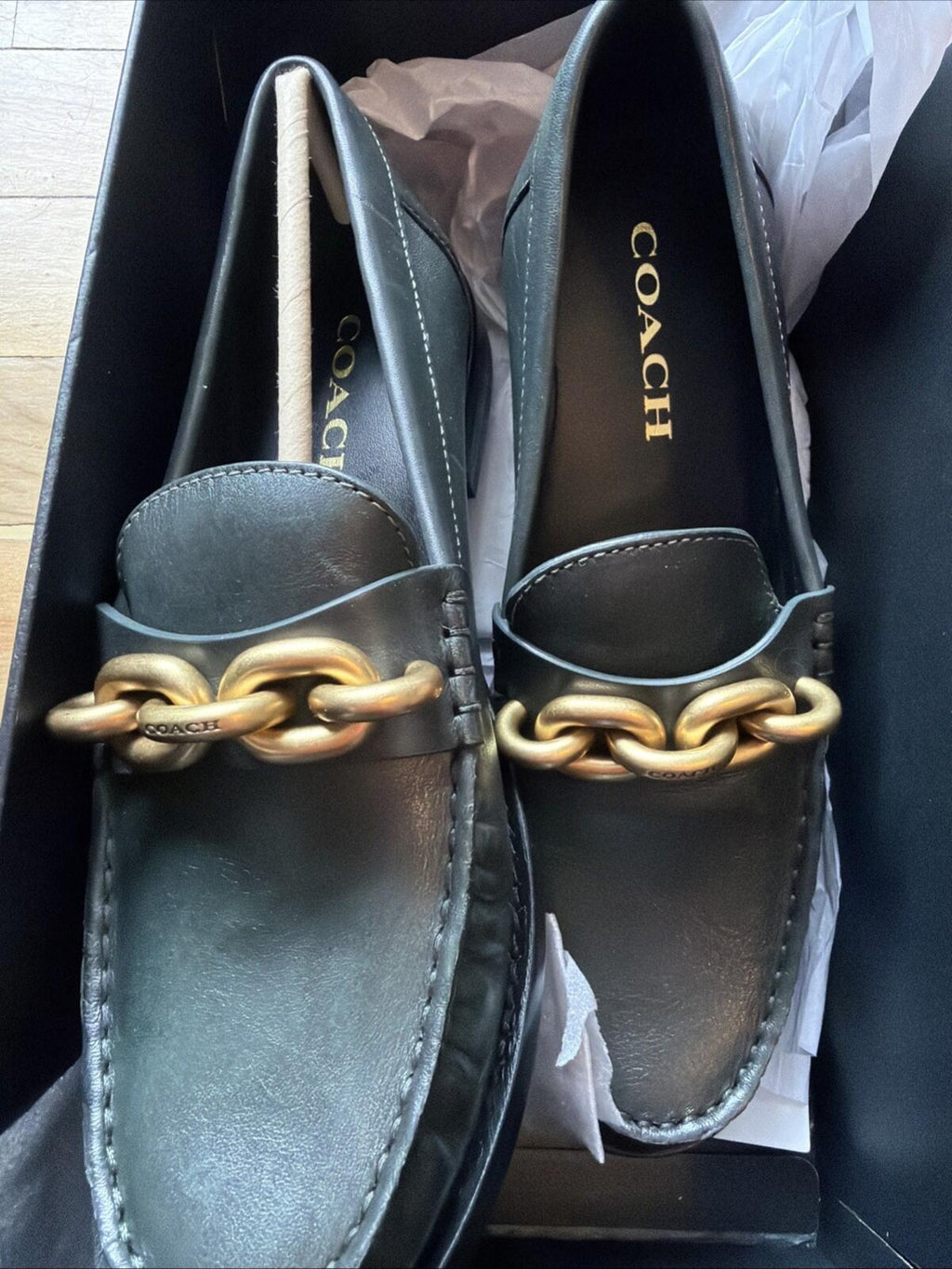Coach Jess Leather Chunky Chain Link Logo Loafer Flats AMAZON GREEN UK 5.5 38