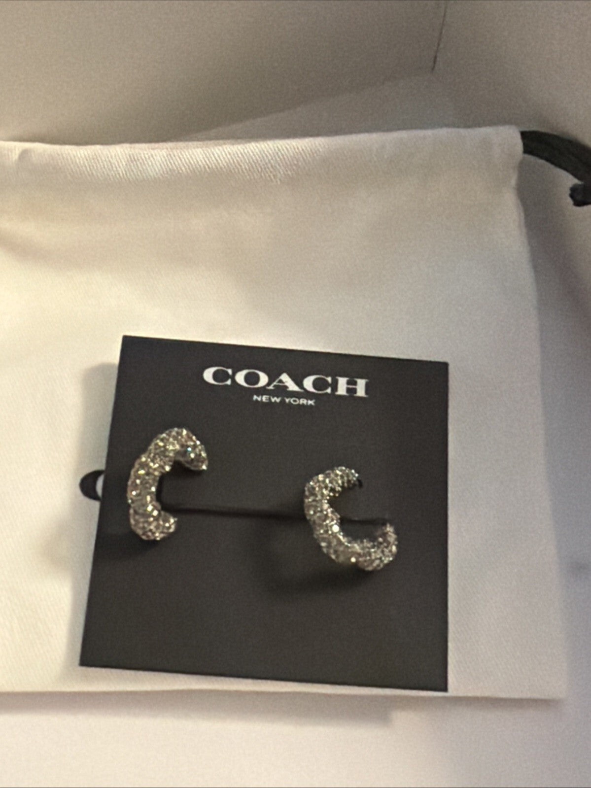 COACH Pave Tea Rose Hoop Earrings In Silver Tone With  CZ Crystals £125 New