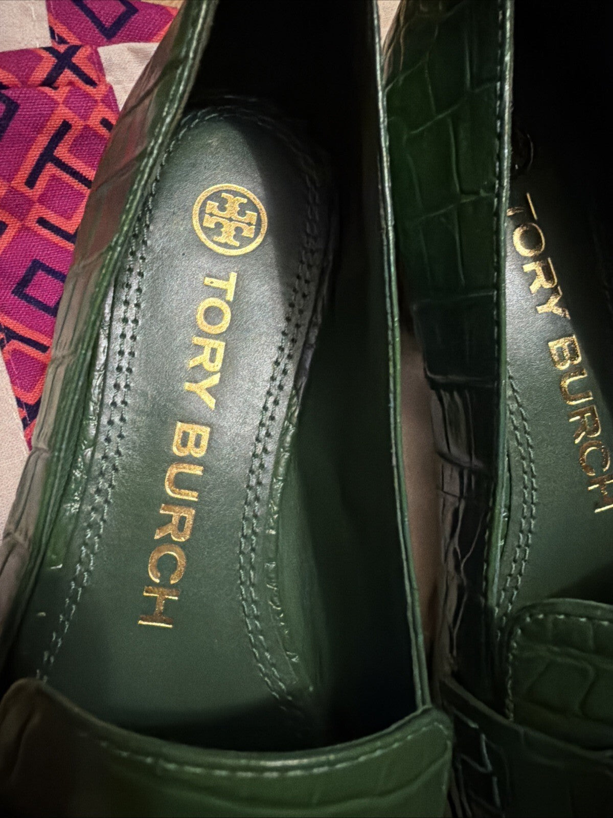 Tory Burch Georgia Green Croc Embossed Leather Loafer Uk 3.5 BN With Dust Bag