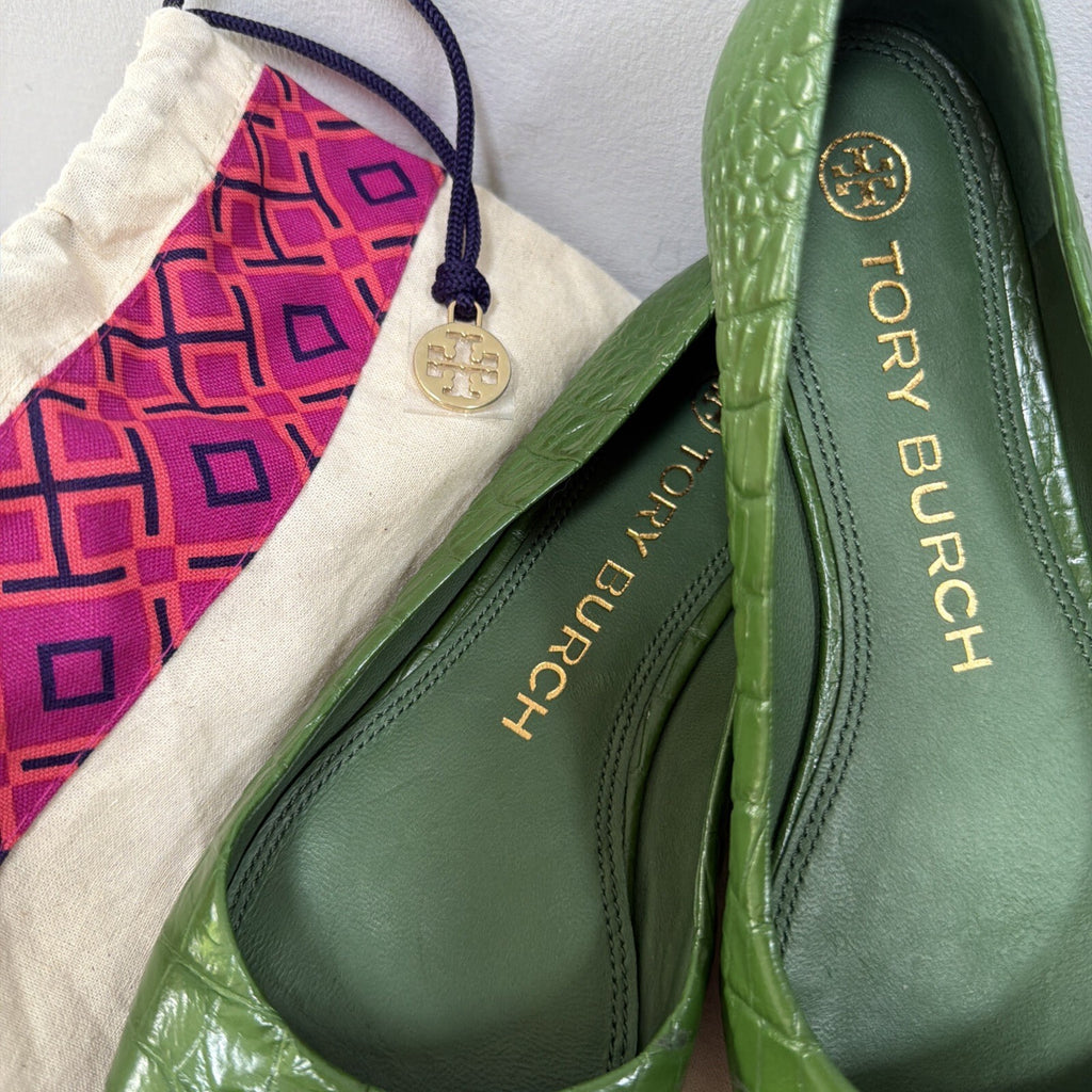 Tory Burch Georgia Ballet Flats Green Croc Embossed Leather Square Toe 4.5 New