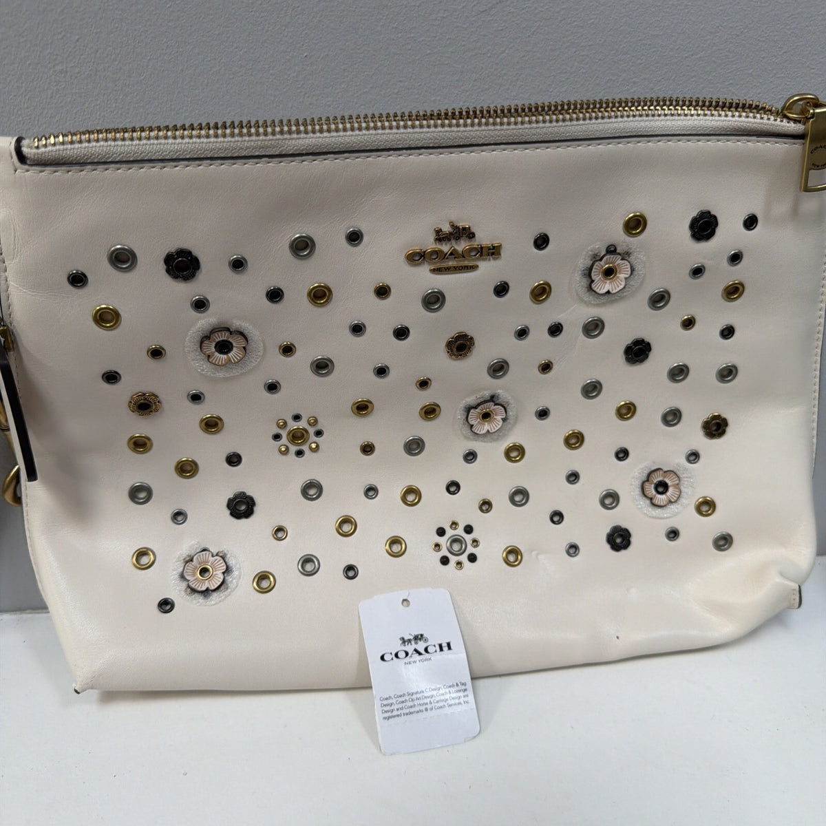 357 Coach Large Charlie leather Pouch clutch/wristlet Ivory Tea Rose Rivets £275
