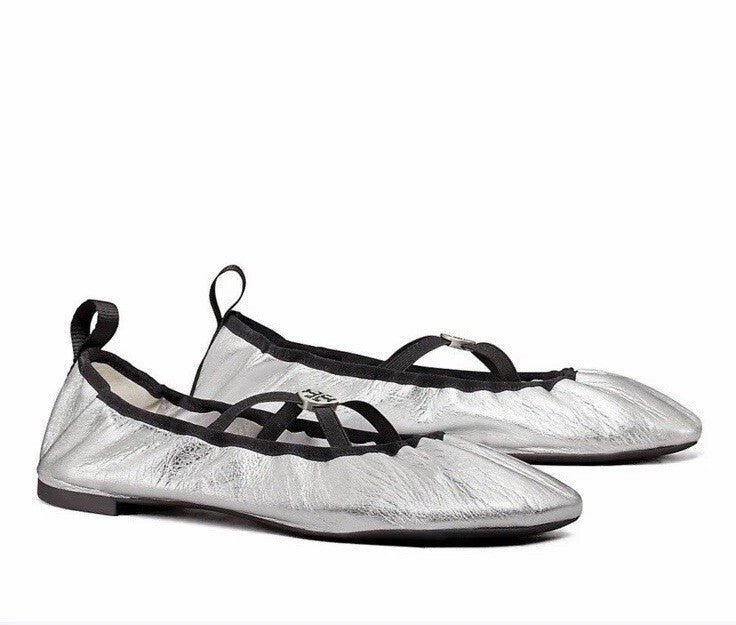 TORY BURCH Soft Scrunch Leather Ballet Flat In Silver Uk 5.5 New
