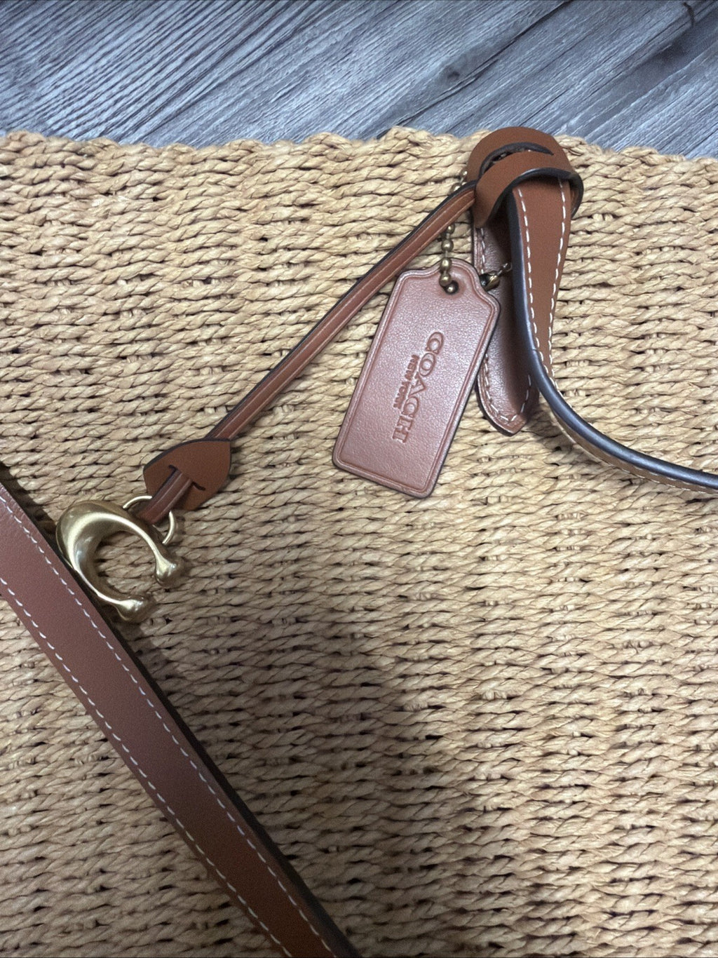 Coach Natural Straw Large Tote Tan Leather New