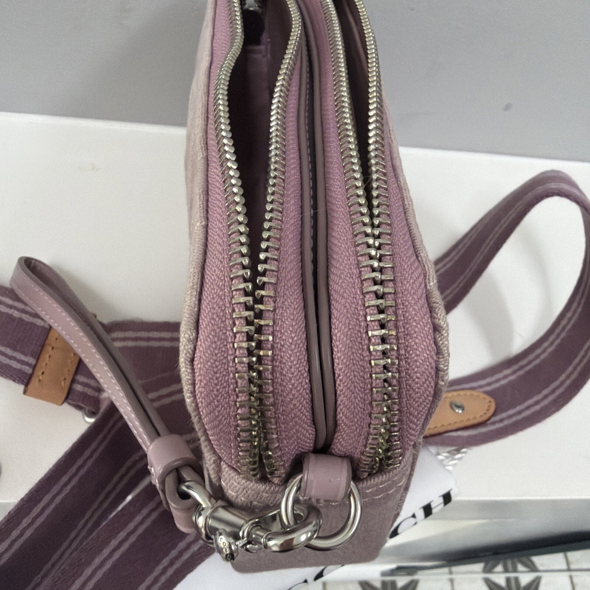 Coach Denim Kira Crossbody Bag Lavender Pink Signature C Wristlet BN