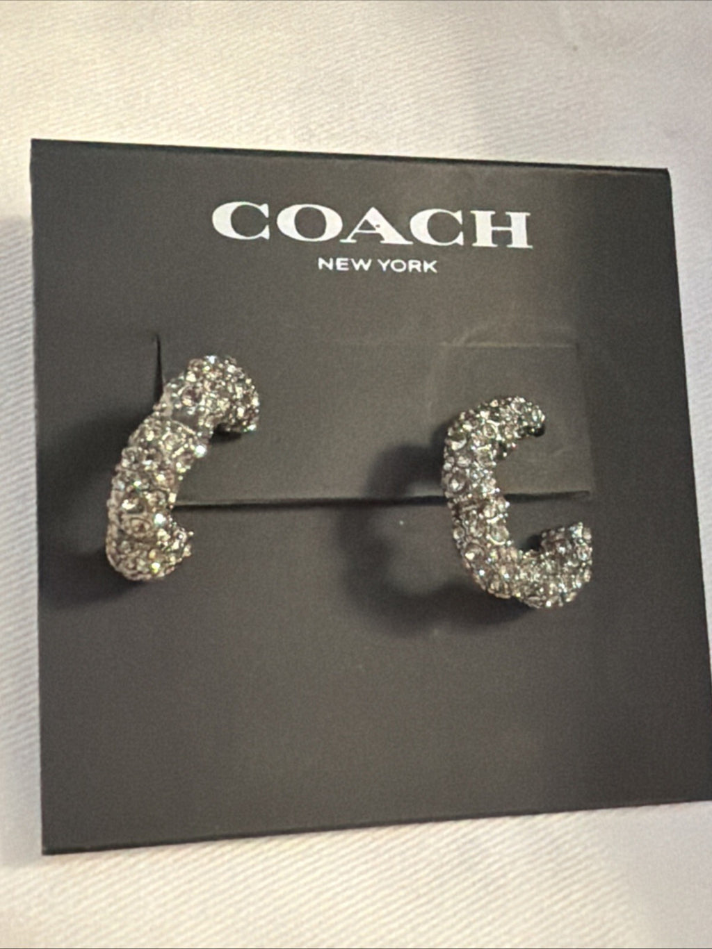 COACH Pave Tea Rose Hoop Earrings In Silver Tone With  CZ Crystals £125 New