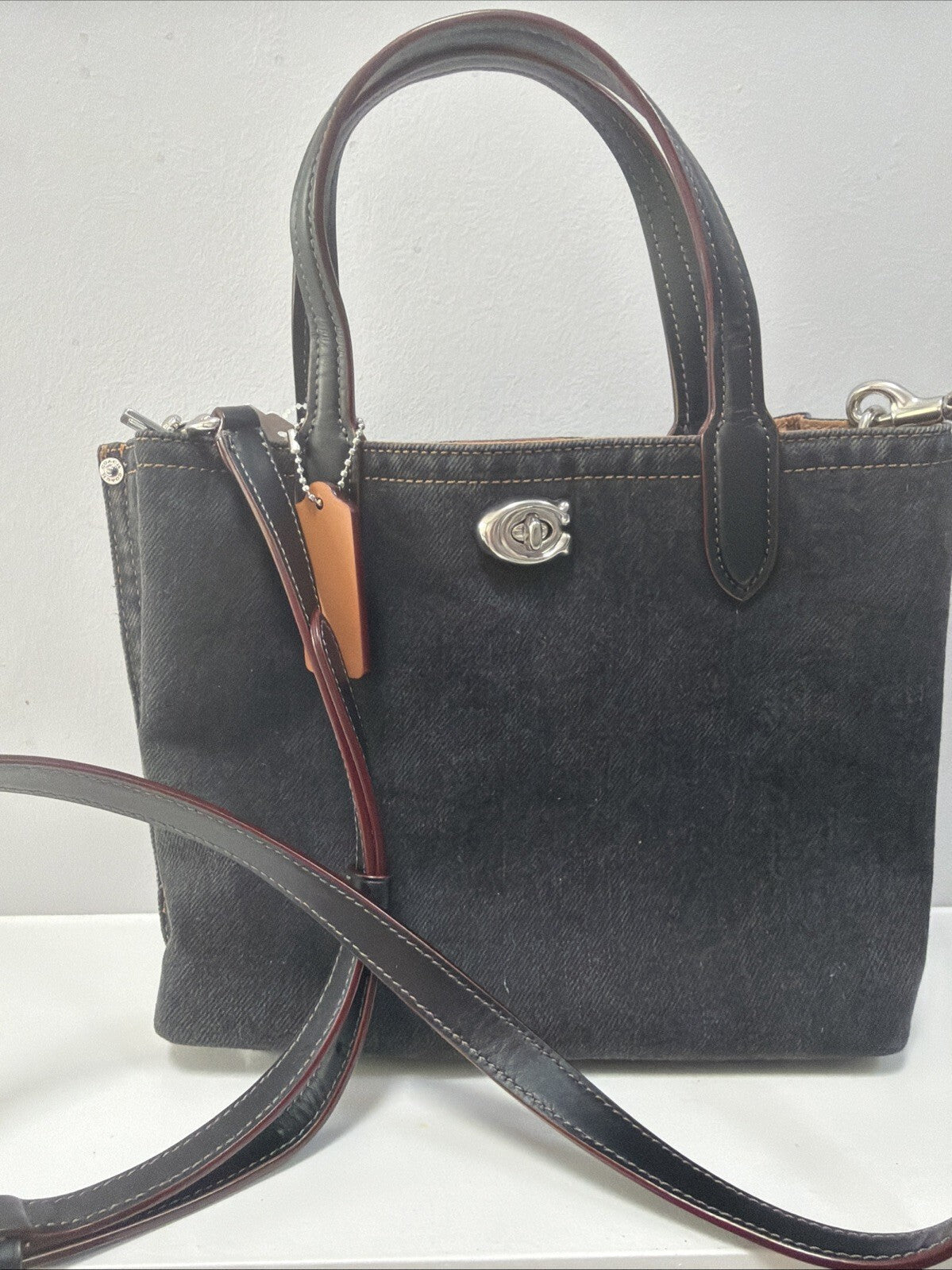 Coach Willow Tote 24 In Black Denim Leather Handles Bucket BNWT Rare!