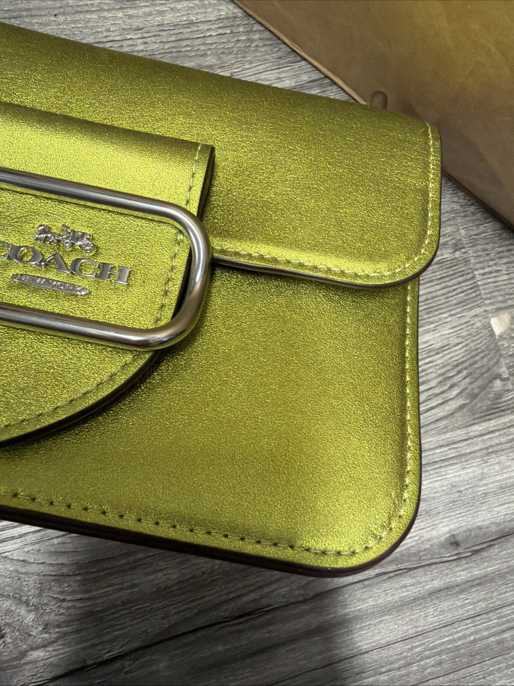 COACH Morgan Square  Cross Body Bag Metallic Citrine Green Leather BNWT Damage