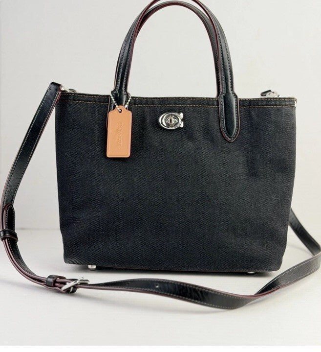 Coach Willow Tote 24 In Black Denim Leather Handles Bucket BNWT Rare!
