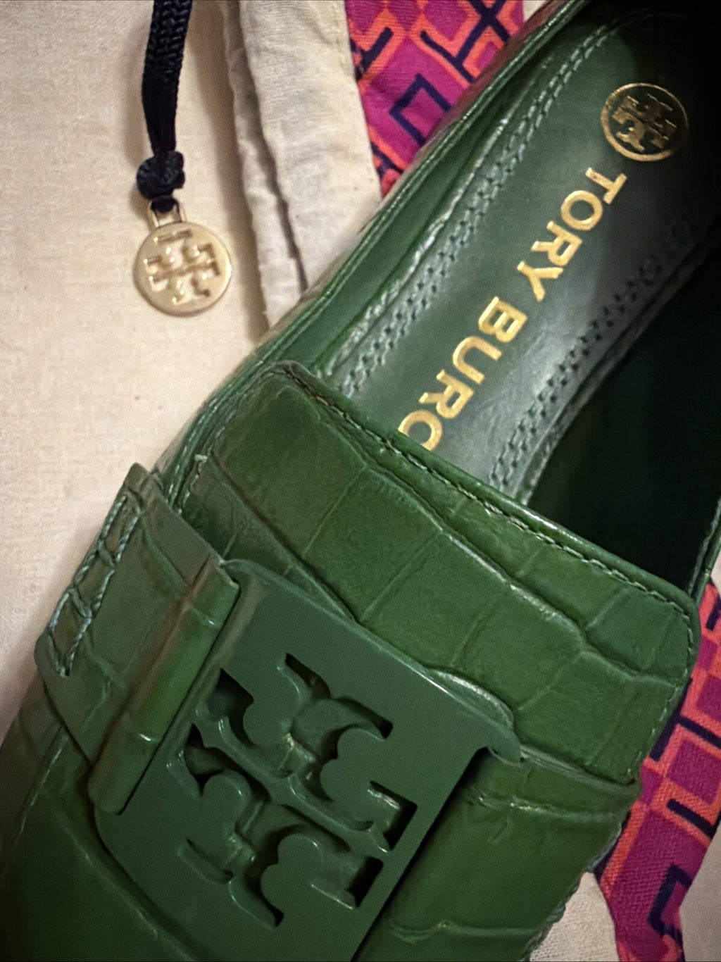 Tory Burch Georgia Green Croc Embossed Leather Loafer Uk 3.5 BN With Dust Bag