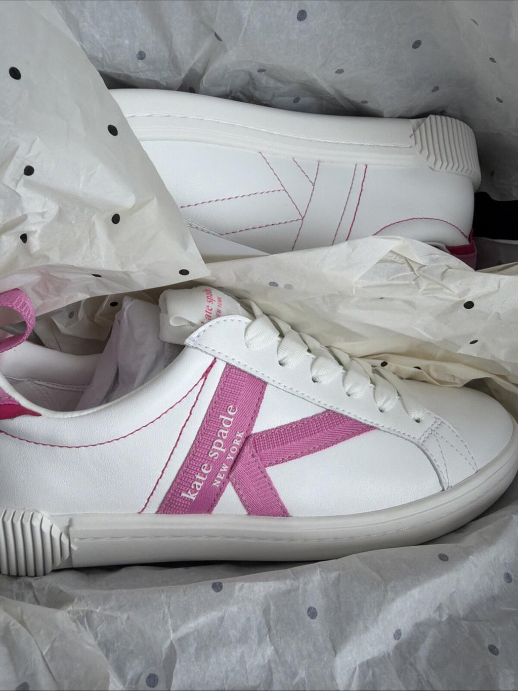 Kate Spade Signature Action Nappa Calf Leather White Pink Uk 6.5 Trainers BNIB