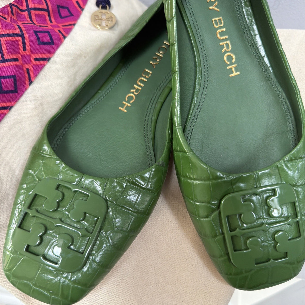 Tory Burch Georgia Ballet Flats Green Croc Embossed Leather Square Toe 4.5 New