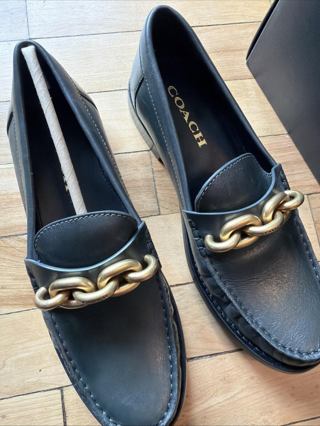 Coach Jess Leather Chunky Chain Link Logo Loafer Flats AMAZON GREEN UK 5.5 38