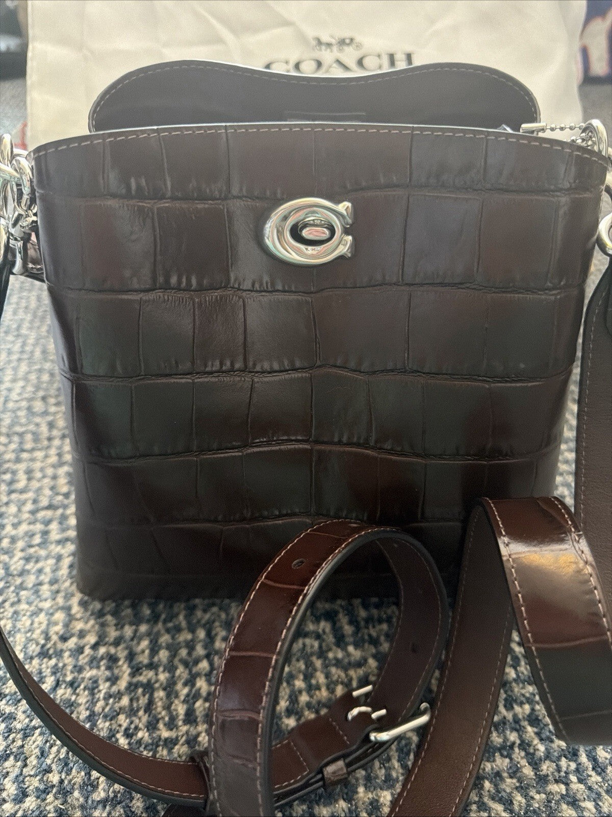 Coach Willow Maple Brown Croc Bucket Bag £475 New Leather Silver Hardware