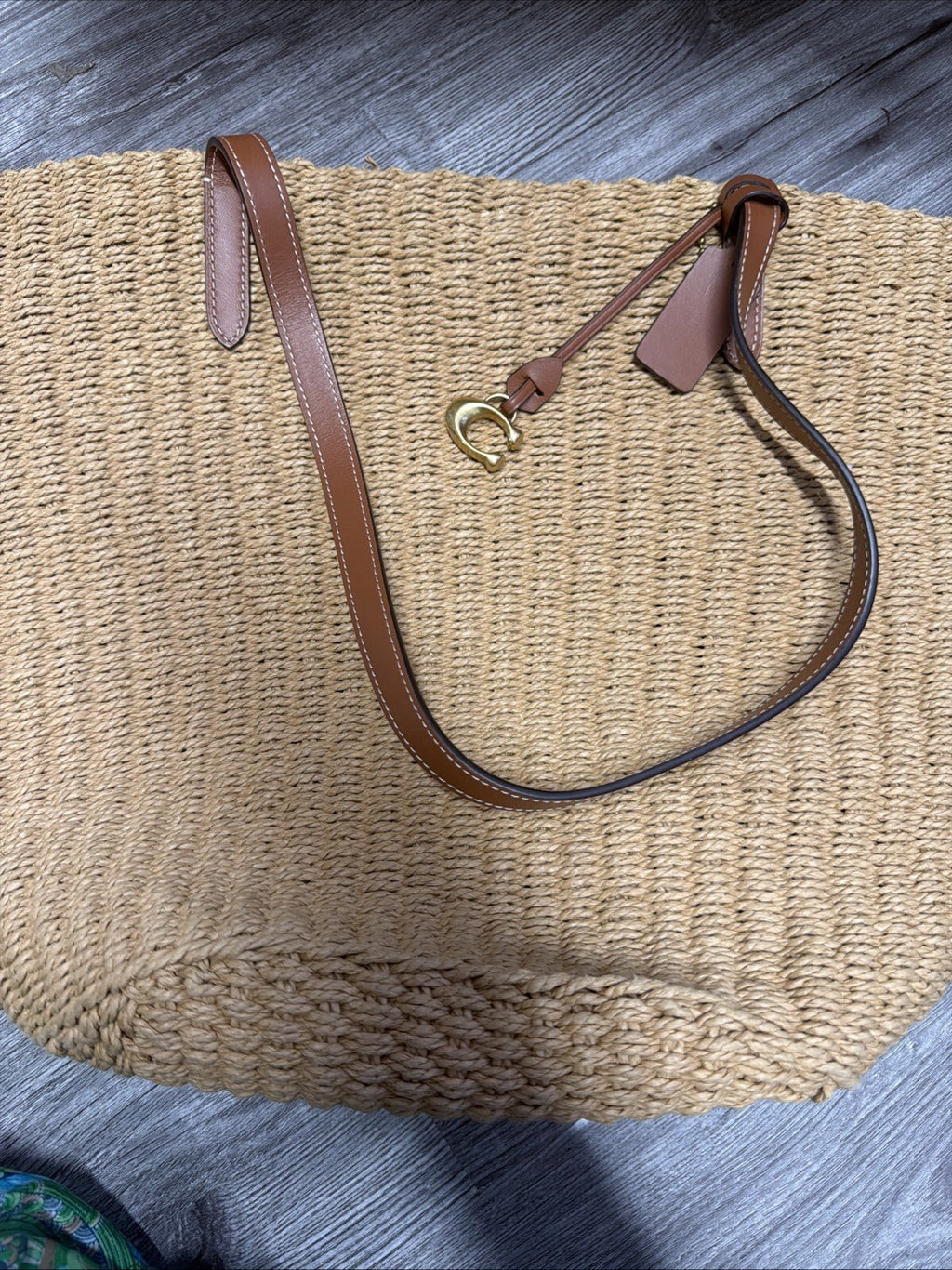 Coach Natural Straw Large Tote Tan Leather New